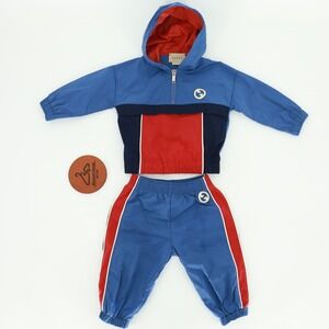 Gucci Kids Blue Red Colorblock Tracksuit Hooded Windbreaker Pants Set 6-9 Months